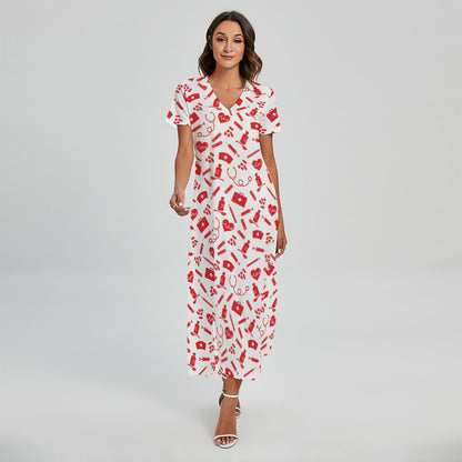 Red And White Nurse Pattern Print Short Sleeve Maxi Dress