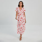 Red And White Nurse Pattern Print Short Sleeve Maxi Dress