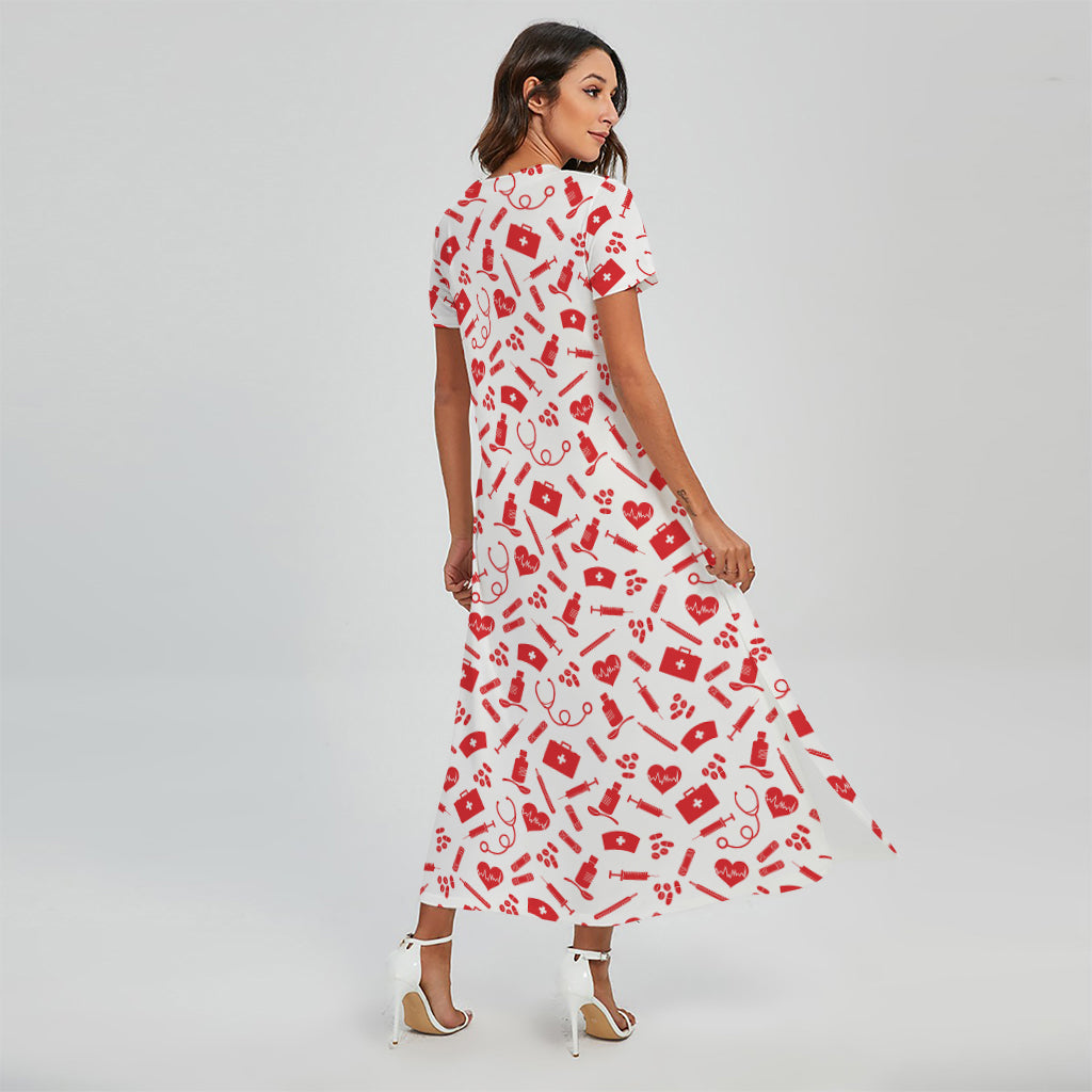 Red And White Nurse Pattern Print Short Sleeve Maxi Dress