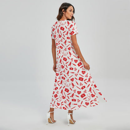 Red And White Nurse Pattern Print Short Sleeve Maxi Dress