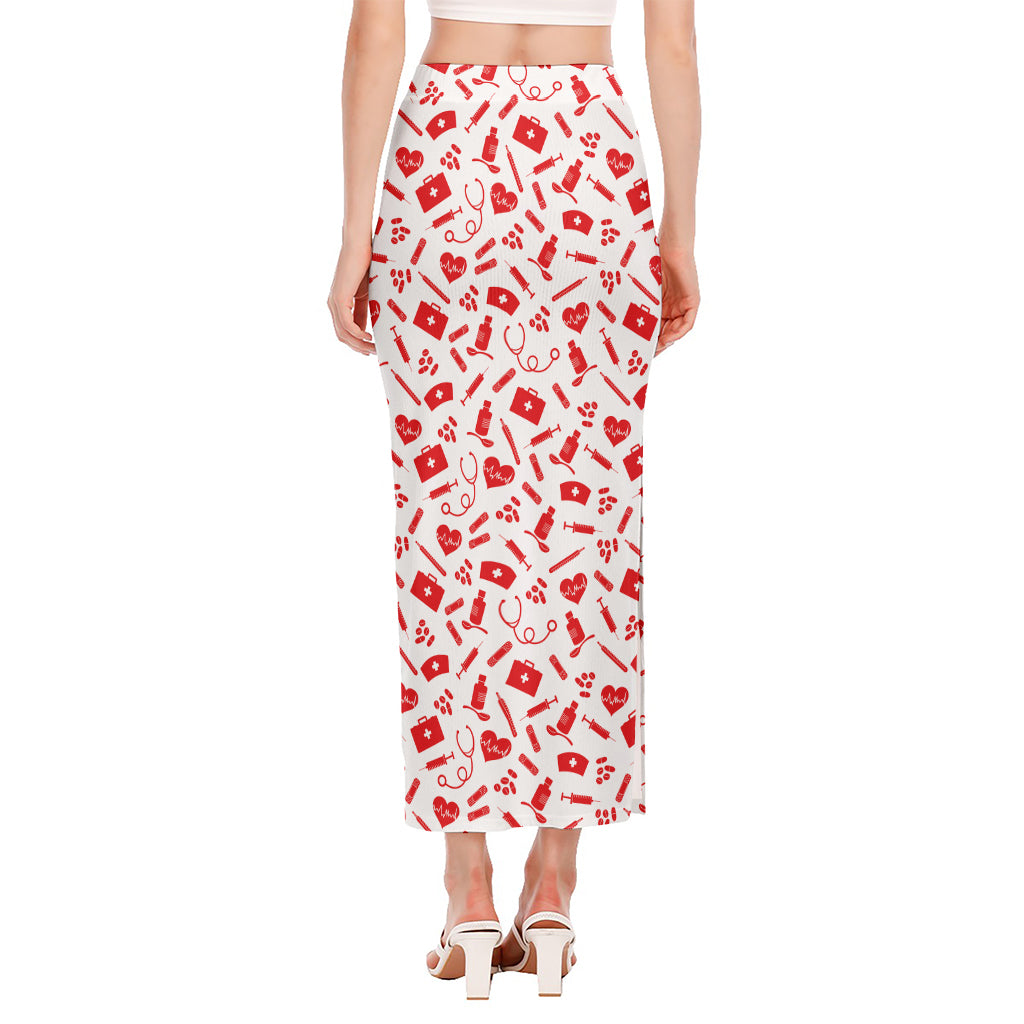 Red And White Nurse Pattern Print Side Slit Maxi Skirt