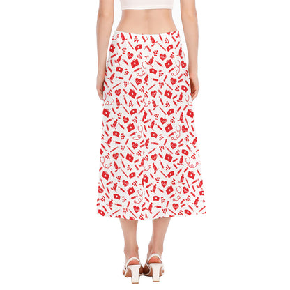 Red And White Nurse Pattern Print Side Slit Midi Skirt