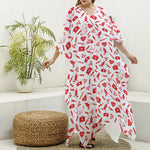 Red And White Nurse Pattern Print Silk V-Neck Kaftan Dress