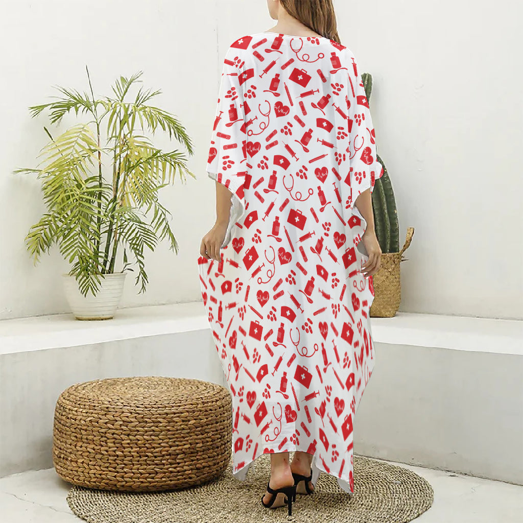 Red And White Nurse Pattern Print Silk V-Neck Kaftan Dress