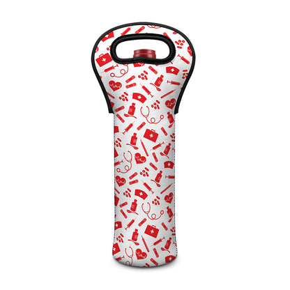 Red And White Nurse Pattern Print Single Neoprene Wine Tote