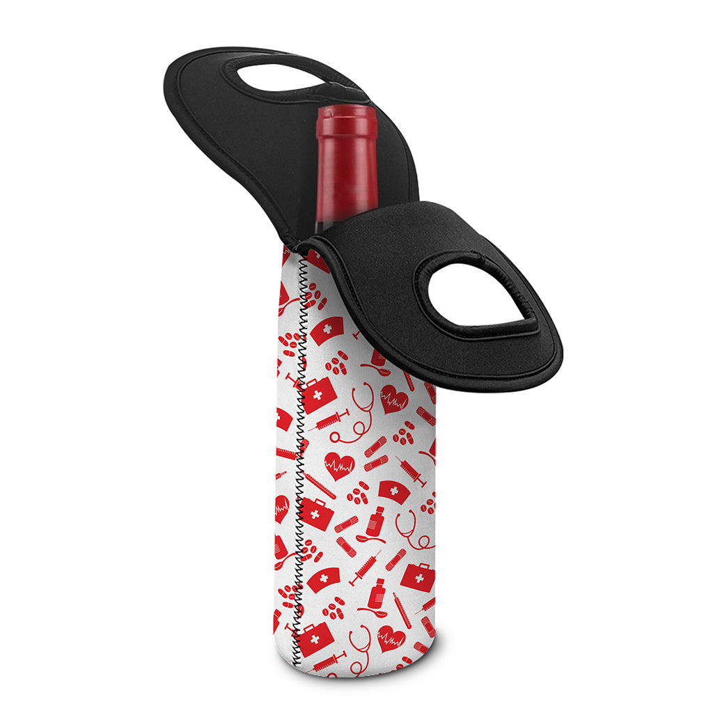 Red And White Nurse Pattern Print Single Neoprene Wine Tote