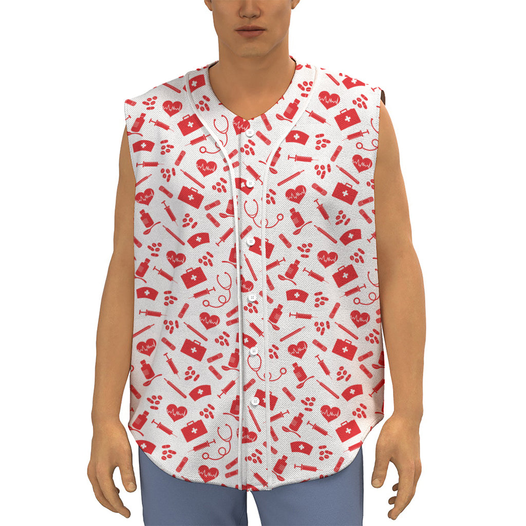 Red And White Nurse Pattern Print Sleeveless Baseball Jersey