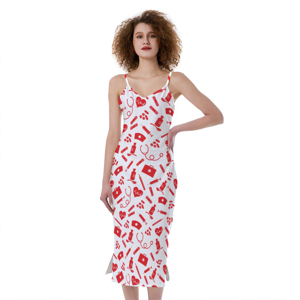 Red And White Nurse Pattern Print Slim Fit Midi Cami Dress
