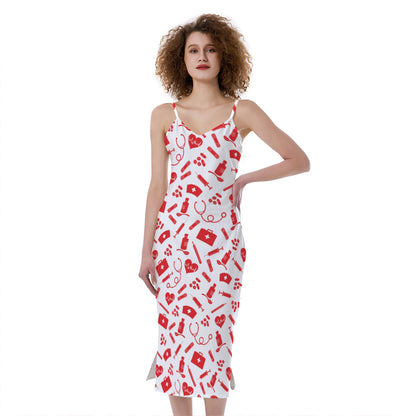 Red And White Nurse Pattern Print Slim Fit Midi Cami Dress