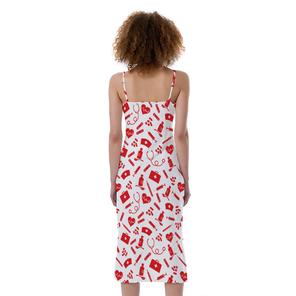 Red And White Nurse Pattern Print Slim Fit Midi Cami Dress