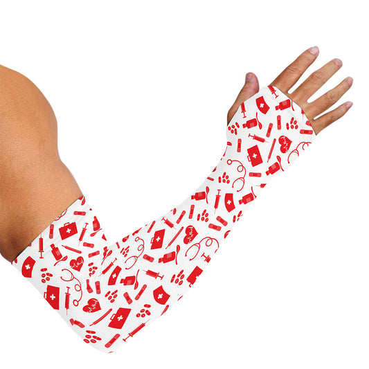 Red And White Nurse Pattern Print Sun Protection Arm Sleeves