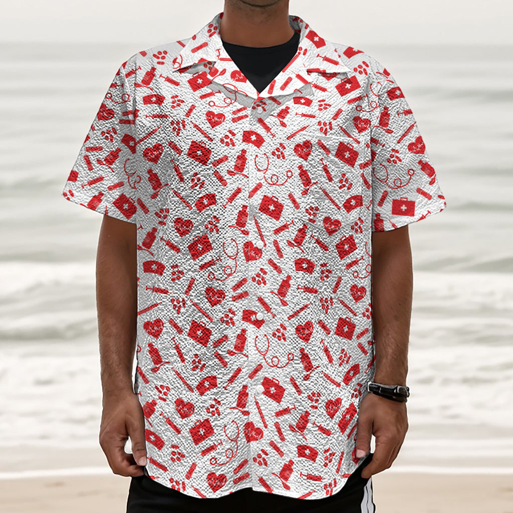 Red And White Nurse Pattern Print Textured Short Sleeve Shirt