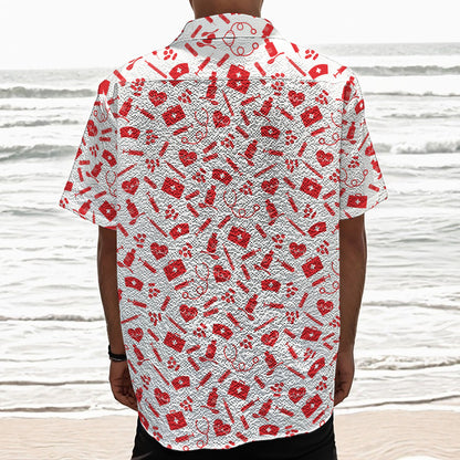 Red And White Nurse Pattern Print Textured Short Sleeve Shirt