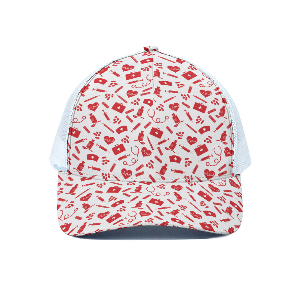 Red And White Nurse Pattern Print White Mesh Trucker Cap