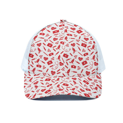 Red And White Nurse Pattern Print White Mesh Trucker Cap