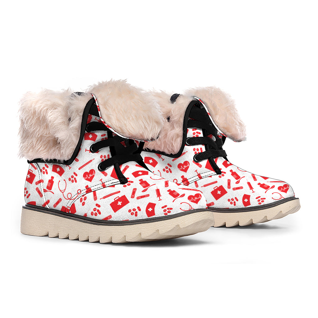 Red And White Nurse Pattern Print Winter Boots