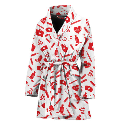 Red And White Nurse Pattern Print Women's Bathrobe