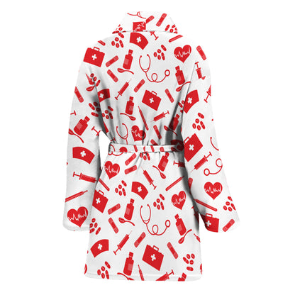 Red And White Nurse Pattern Print Women's Bathrobe