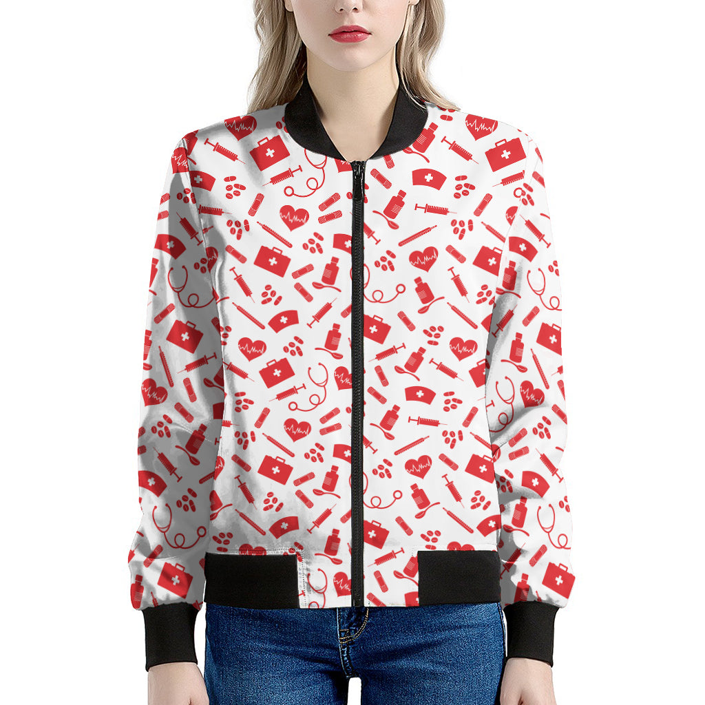 Red And White Nurse Pattern Print Women's Bomber Jacket