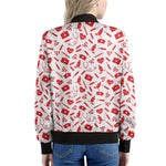 Red And White Nurse Pattern Print Women's Bomber Jacket