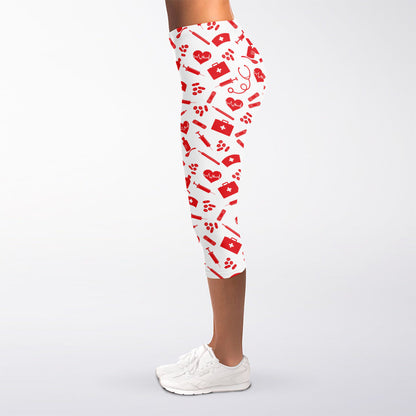Red And White Nurse Pattern Print Women's Capri Leggings
