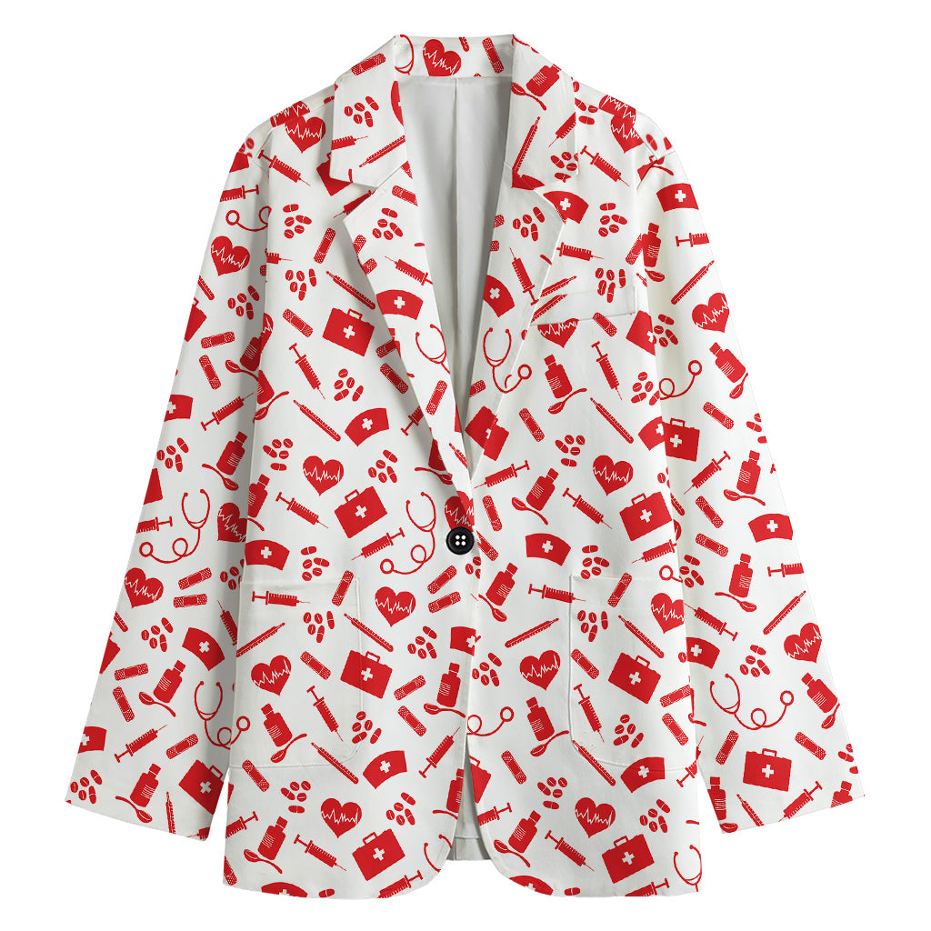 Red And White Nurse Pattern Print Women's Cotton Blazer
