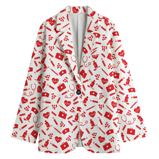 Red And White Nurse Pattern Print Women's Cotton Blazer