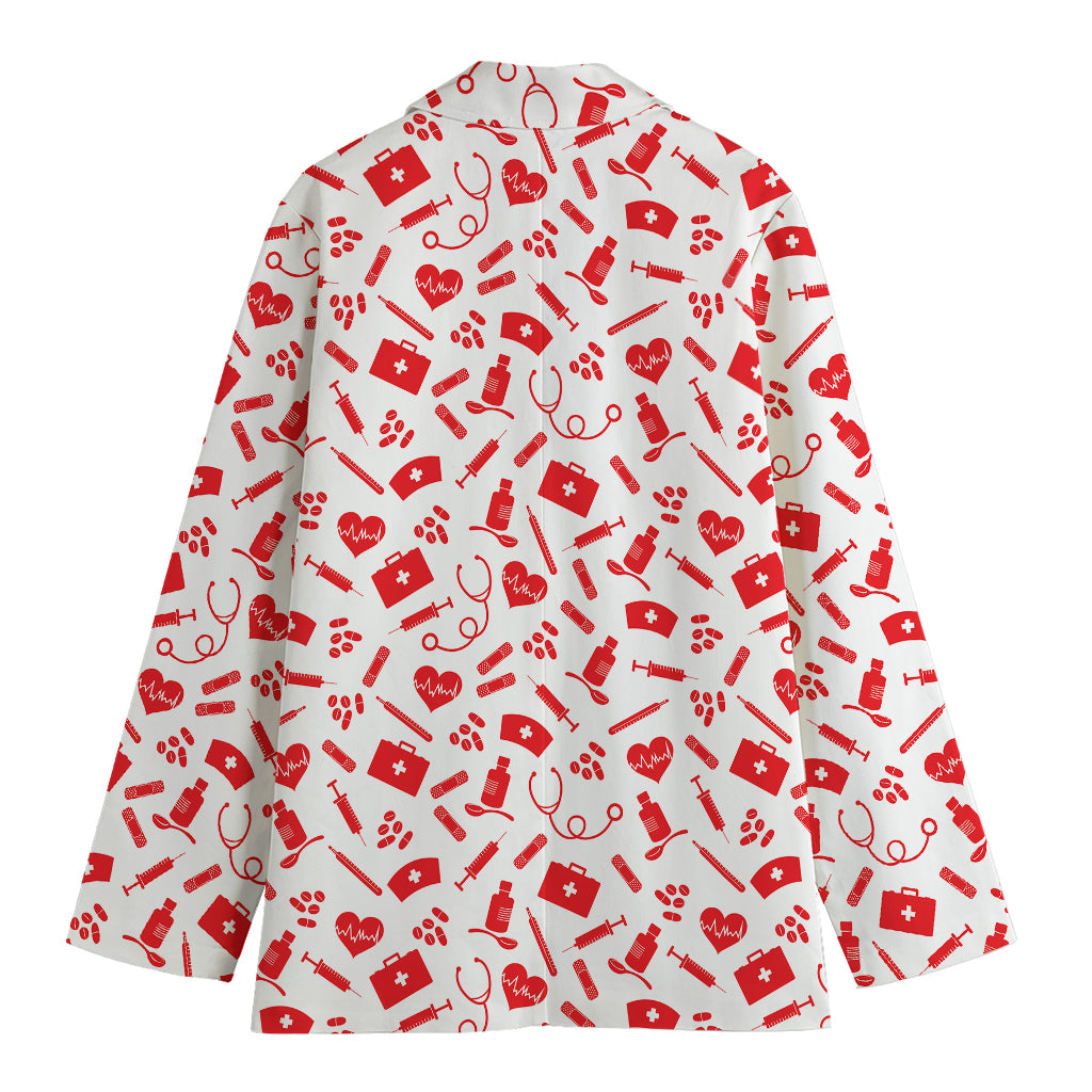Red And White Nurse Pattern Print Women's Cotton Blazer