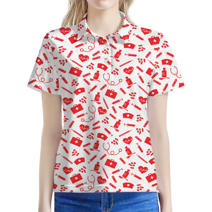 Red And White Nurse Pattern Print Women's Polo Shirt