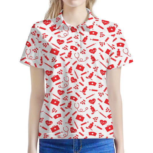 Red And White Nurse Pattern Print Women's Polo Shirt