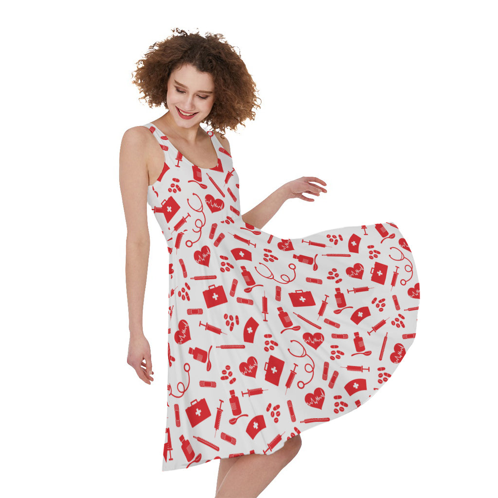 Red And White Nurse Pattern Print Women's Sleeveless Dress