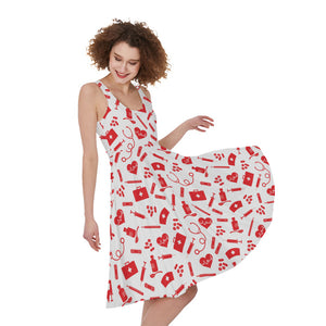 Red And White Nurse Pattern Print Women's Sleeveless Dress