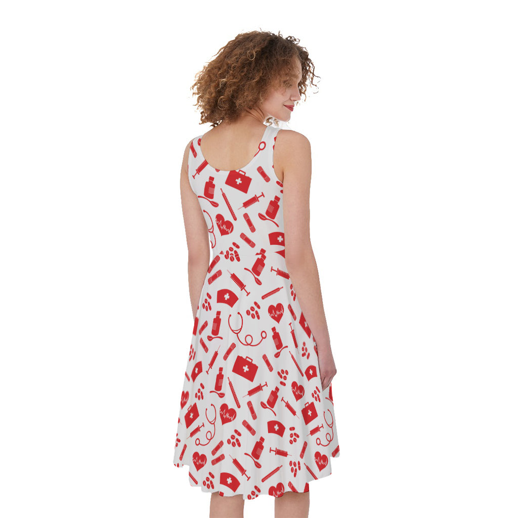 Red And White Nurse Pattern Print Women's Sleeveless Dress