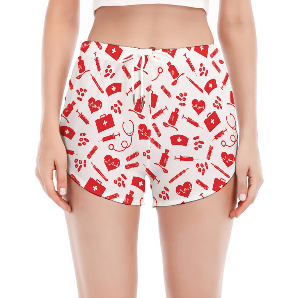 Red And White Nurse Pattern Print Women's Split Running Shorts