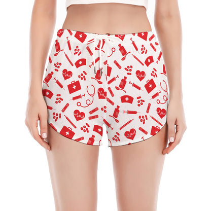 Red And White Nurse Pattern Print Women's Split Running Shorts