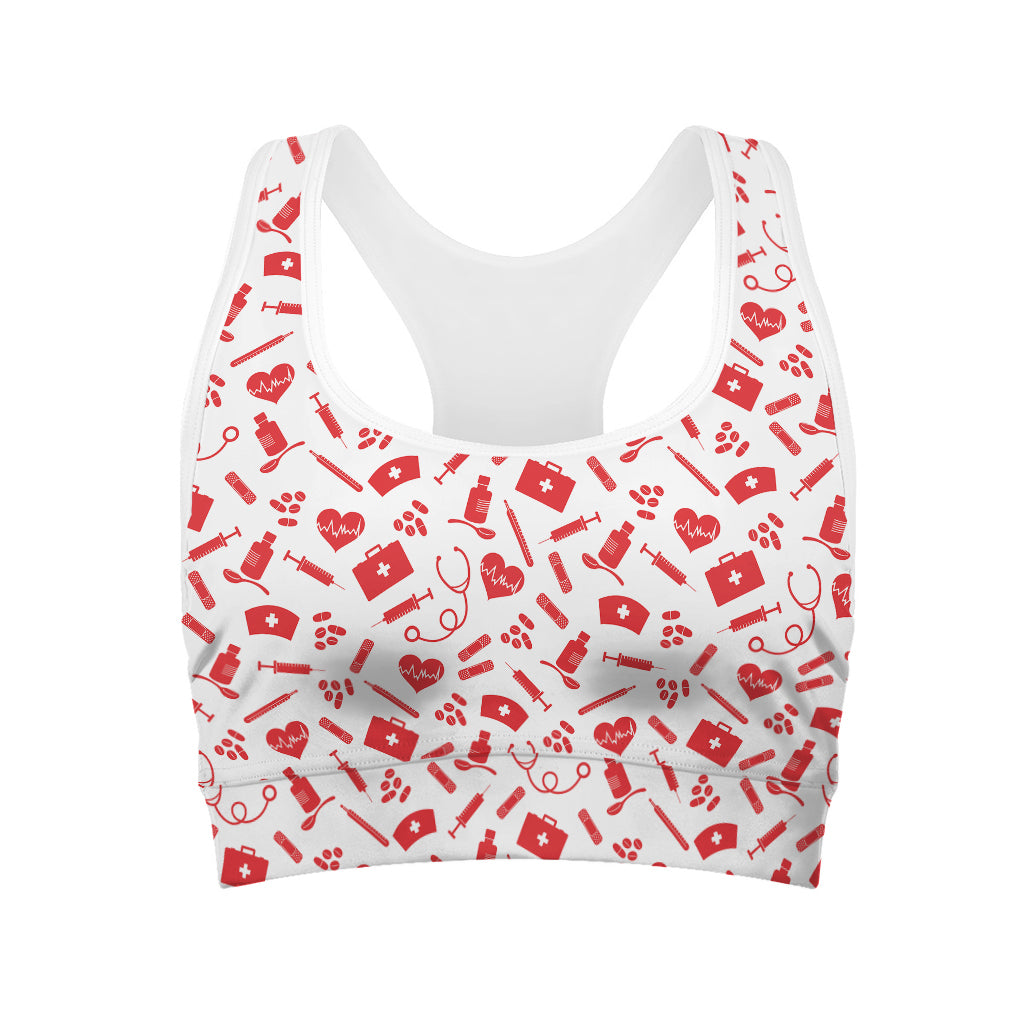 Red And White Nurse Pattern Print Women's Sports Bra