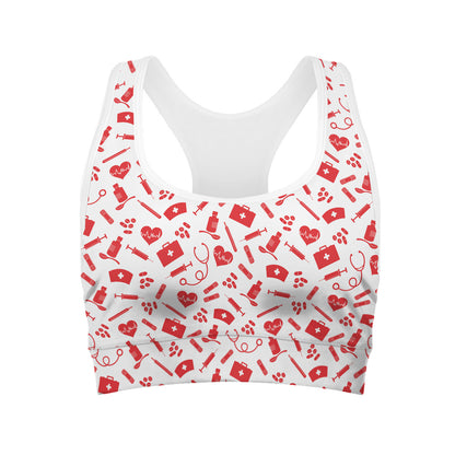 Red And White Nurse Pattern Print Women's Sports Bra