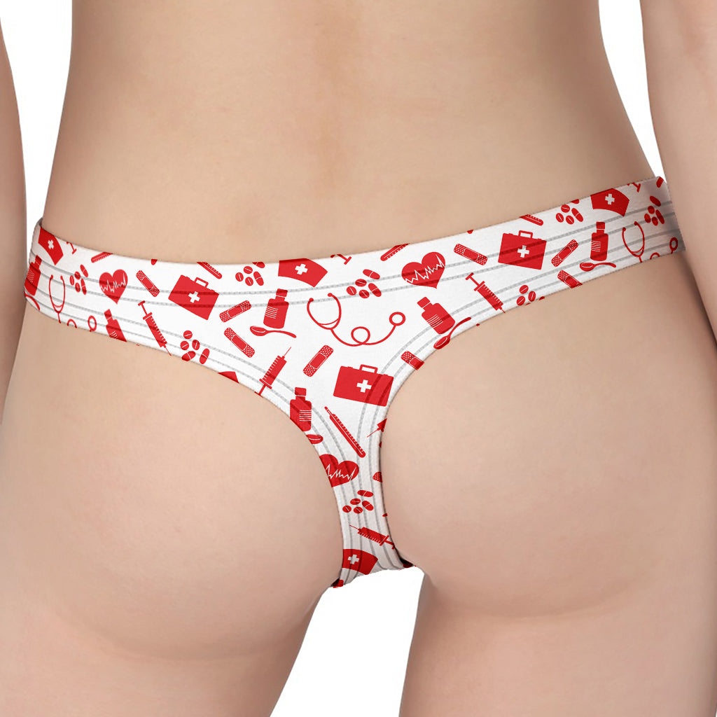 Red And White Nurse Pattern Print Women's Thong