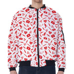Red And White Nurse Pattern Print Zip Sleeve Bomber Jacket