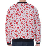 Red And White Nurse Pattern Print Zip Sleeve Bomber Jacket