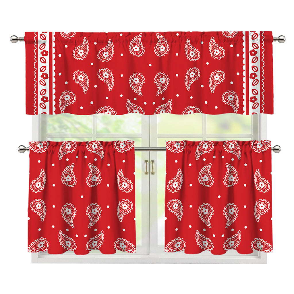 Red And White Paisley Bandana Print 3 Piece Kitchen Curtains