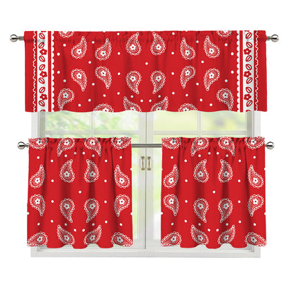 Red And White Paisley Bandana Print 3 Piece Kitchen Curtains