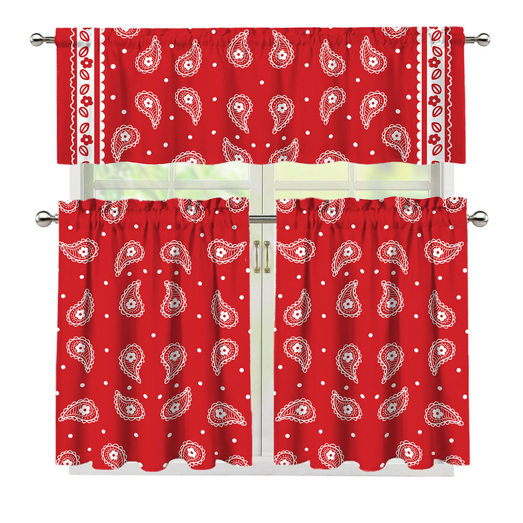 Red And White Paisley Bandana Print 3 Piece Kitchen Curtains
