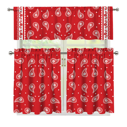 Red And White Paisley Bandana Print 3 Piece Kitchen Curtains