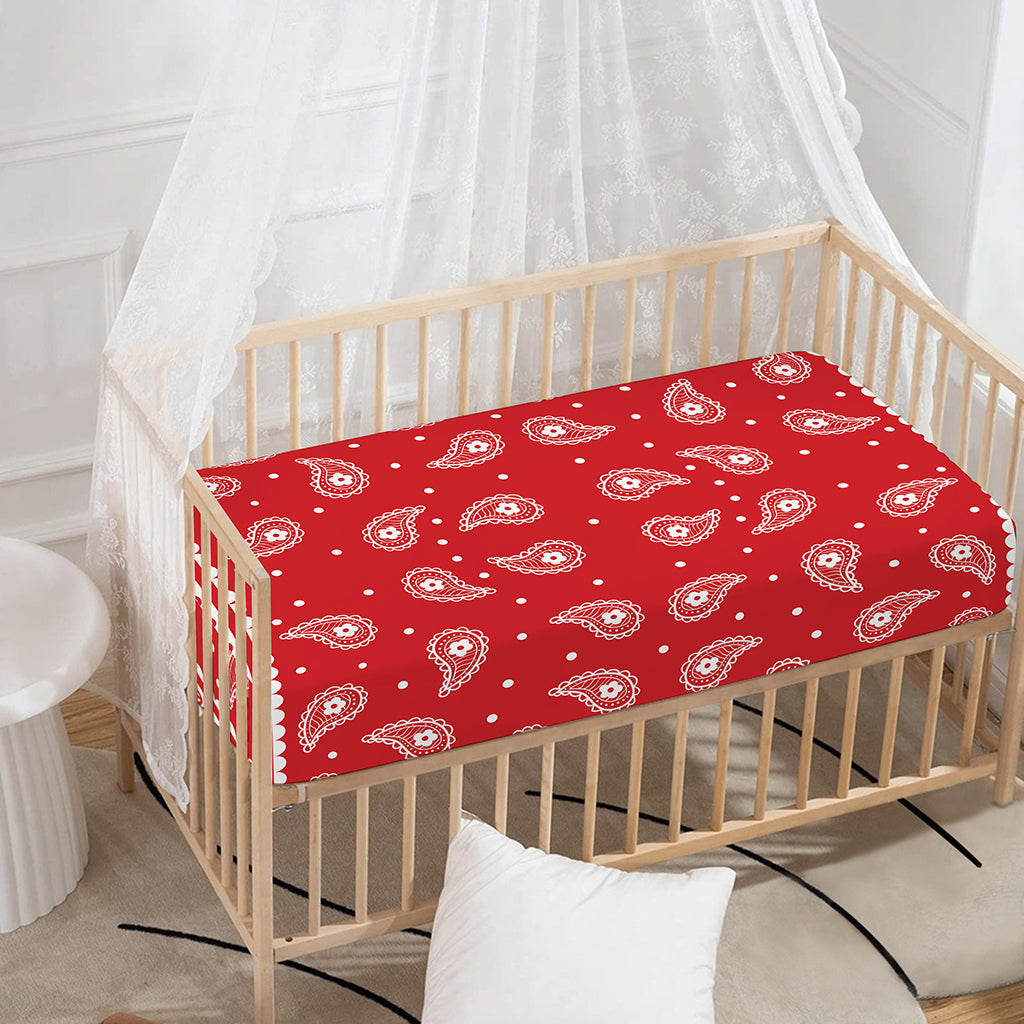 Red And White Paisley Bandana Print Baby Crib Sheet