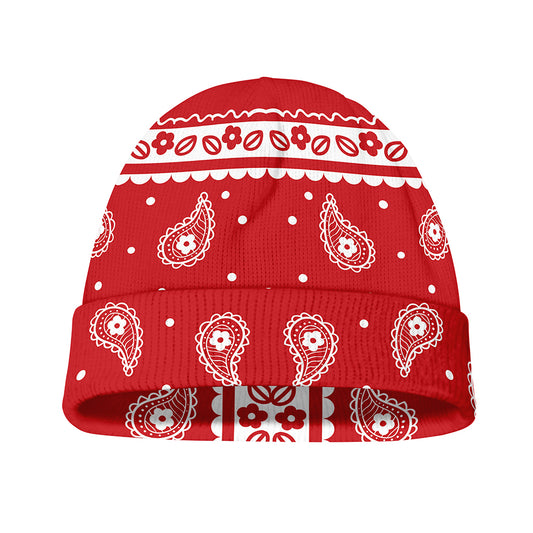 Red And White Paisley Bandana Print Beanie