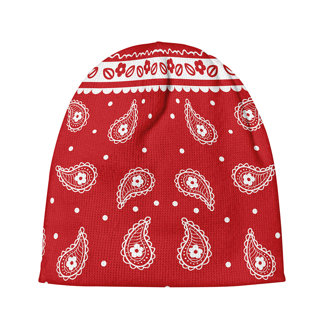 Red And White Paisley Bandana Print Beanie