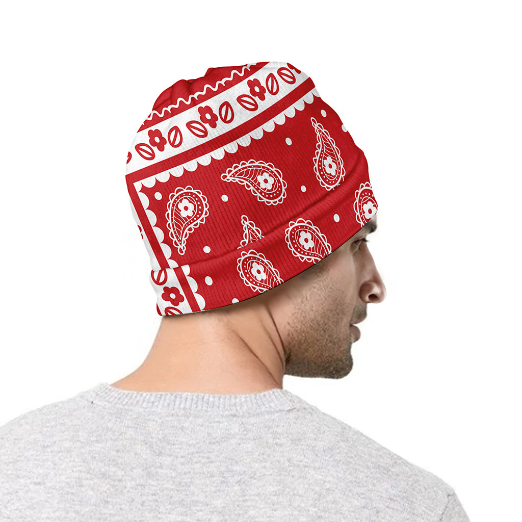 Red And White Paisley Bandana Print Beanie