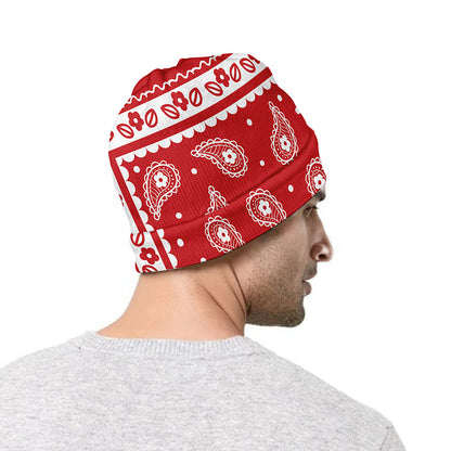 Red And White Paisley Bandana Print Beanie