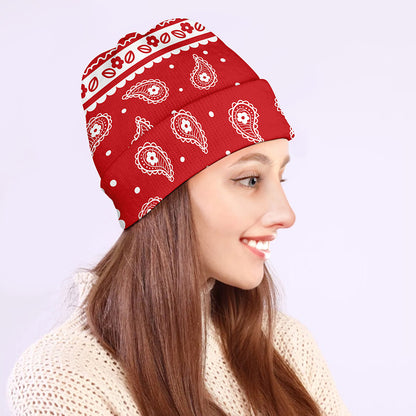 Red And White Paisley Bandana Print Beanie